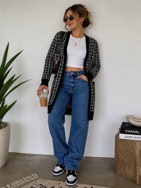 RW&CO. Black and White Open-Front Knit Tweed Pattern Cardigan